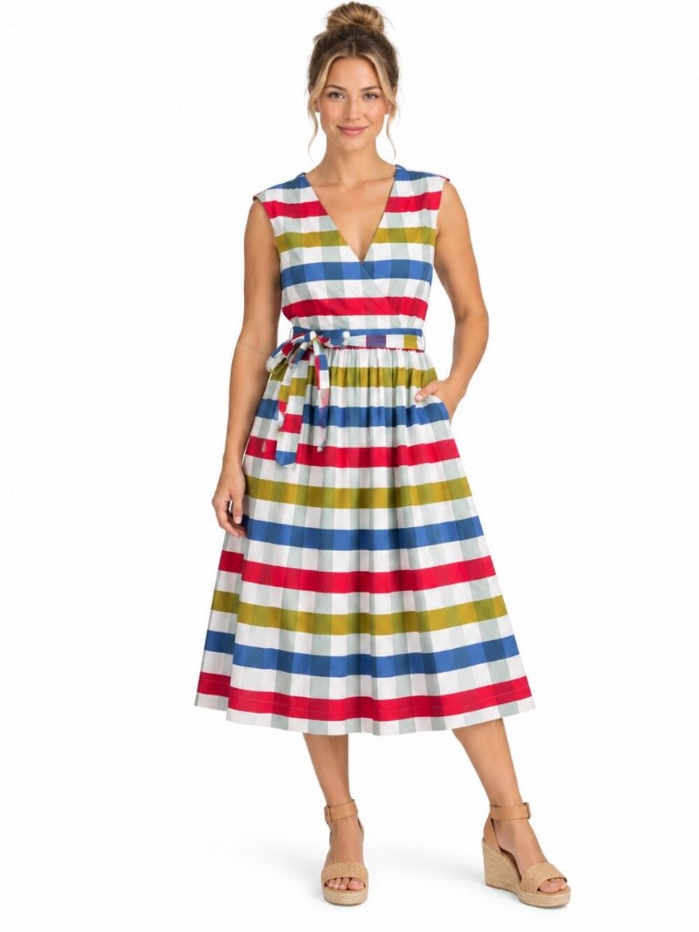 Maeve Anthropologie Women’s 16 Multicolor Striped Wrap Midi Dress Tie Waist